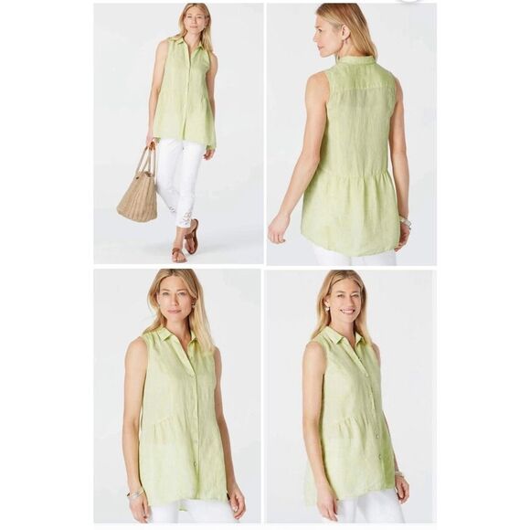 J.Jill Women Love Linen Peplum Back Tunic top sz large Button Up Pintuck Pleated - Picture 2 of 12